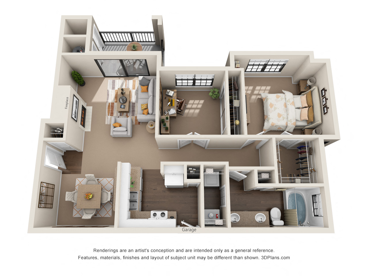 Floor plan for 1 bed, 1 bath, 992 sqft